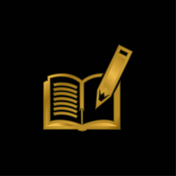 Libro y pluma chapado en oro icono metálico o vector de logotipo - Vector, Imagen