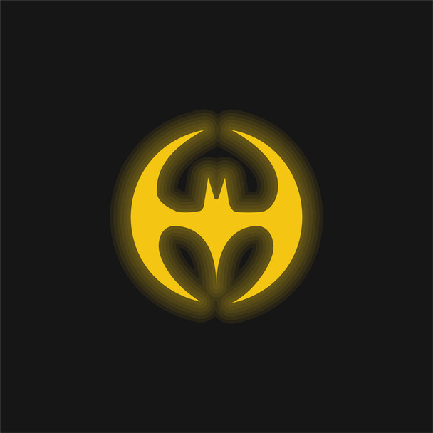 Silueta murciélago negro forma con alas formando un círculo amarillo brillante icono de neón - Vector, imagen