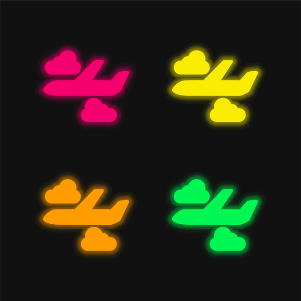 Bulutlu dört renkli parlayan neon vektör simgesi olan uçak - Vektör, Görsel