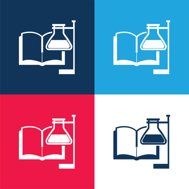 Libro y tubo de prueba con soporte azul y rojo conjunto de iconos mínimo de cuatro colores - Vector, imagen