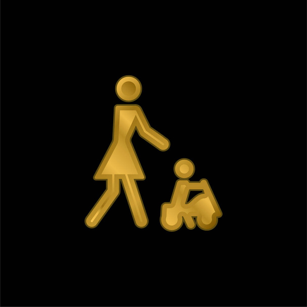 Bebé jugando en un coche de juguete con su madre chapado en oro icono metálico o logo vector - Vector, imagen