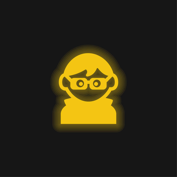 Junge mit Brille, dunkler Kleidung und Haaren gelb leuchtendes Neon-Symbol - Vektor, Bild