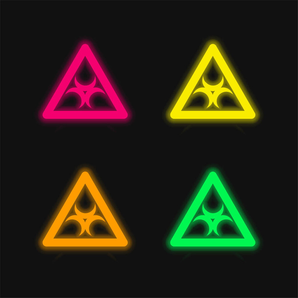 三角形の内側のバイオハザードサイン概要4色の輝くネオンベクトルアイコン - ベクター画像