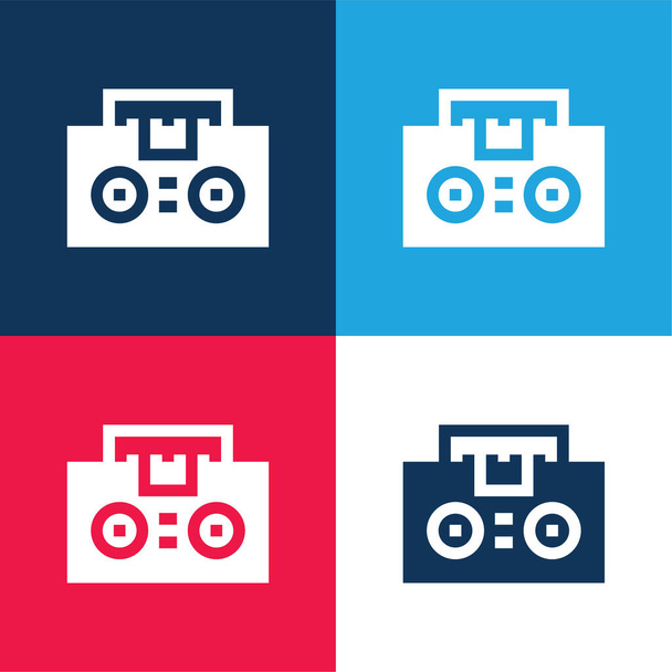 Boombox blauw en rood vier kleuren minimale pictogram set - Vector, afbeelding
