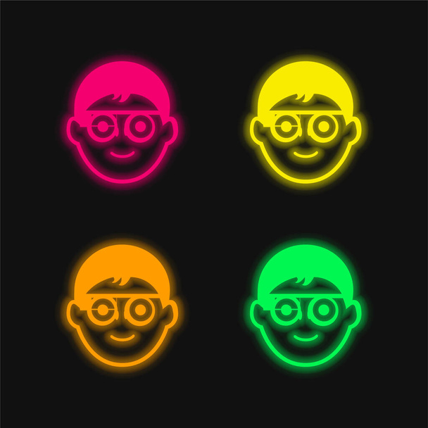 Poika kasvot pyöreä silmälasit ja Google lasit nelivärinen hehkuva neon vektori kuvake - Vektori, kuva