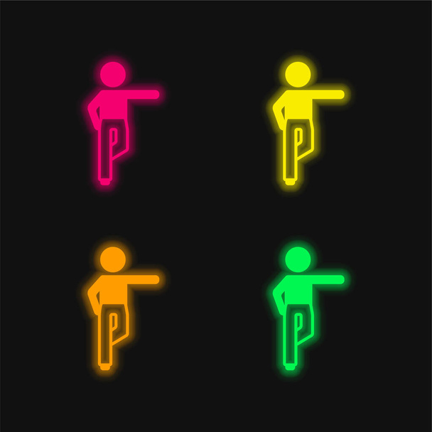 Chłopiec stojący na prawej nodze rozciągający się lewym ramieniu cztery kolory świecące neon wektor ikona - Wektor, obraz
