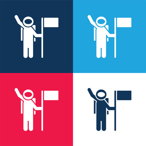 Astronaut With A Flag blue and red four color minimal icon set - Vector, Image