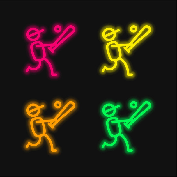 Giocatore di baseball quattro colori incandescente icona vettoriale al neon - Vettoriali, immagini