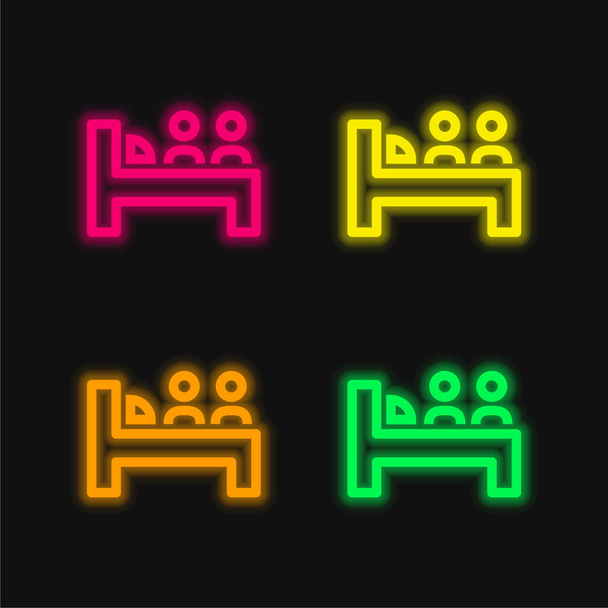 Bed voor twee personen vier kleuren gloeiende neon vector pictogram - Vector, afbeelding