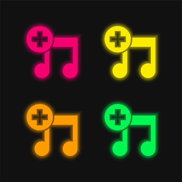 Adicionar um símbolo de interface de música quatro cores brilhante ícone de vetor de néon - Vetor, Imagem