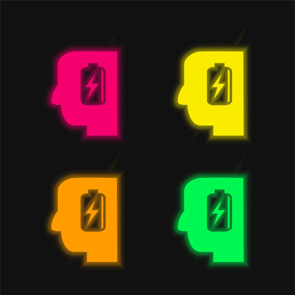 Bateria na cabeça do homem ícone de vetor de néon brilhante de quatro cores - Vetor, Imagem