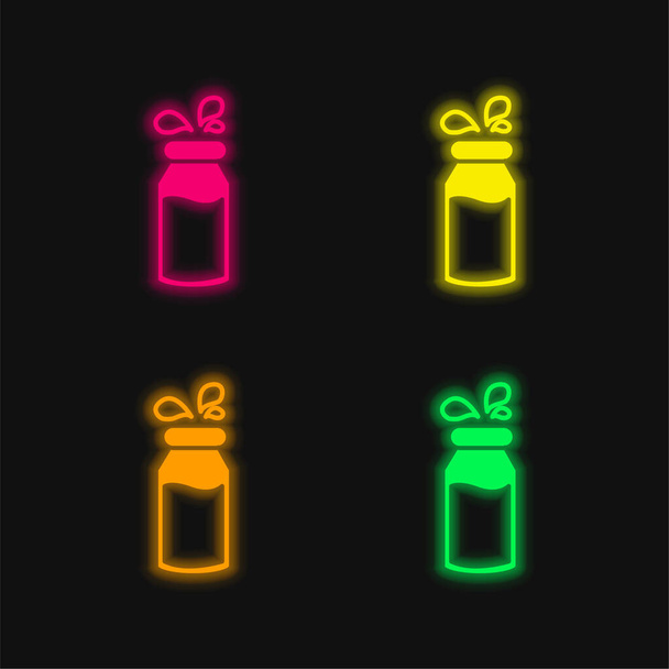 Flasche Milch mit Tröpfchen vier Farbe leuchtenden Neon-Vektor-Symbol - Vektor, Bild