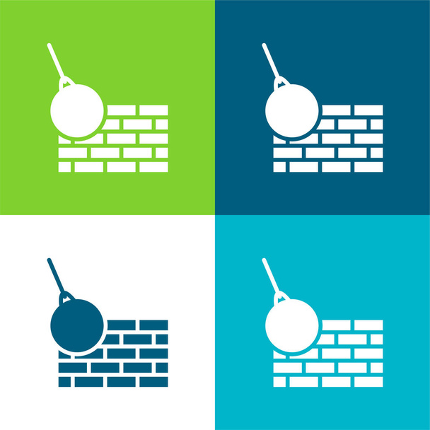 Ladrillos pared y demolición bola plana de cuatro colores mínimo icono conjunto - Vector, Imagen
