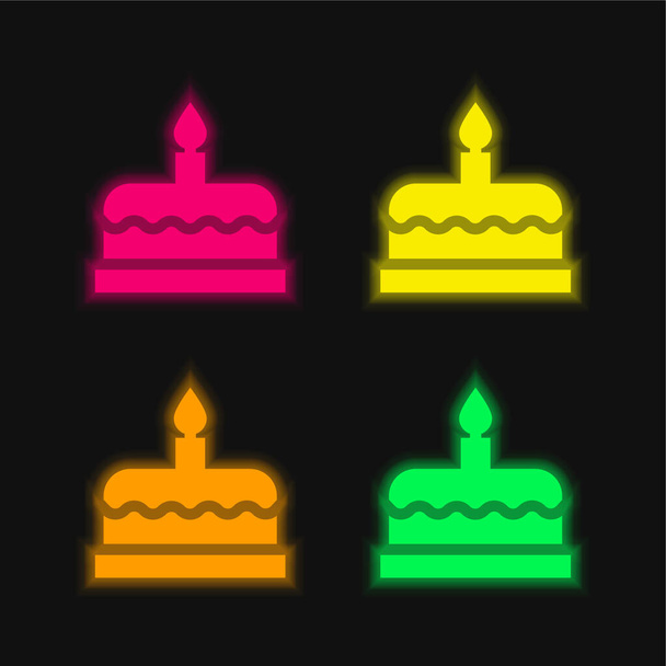 Bolo de aniversário quatro cores brilhante ícone vetor de néon - Vetor, Imagem