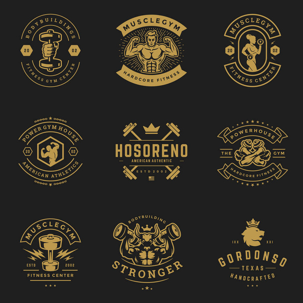 Fitness and sport gym logos and badges design set vector illustration - Vector, afbeelding
