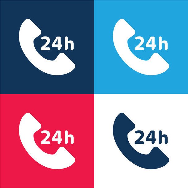 24 ώρες υπηρεσία μπλε και κόκκινο σύνολο τεσσάρων χρωμάτων ελάχιστο εικονίδιο - Διάνυσμα, εικόνα
