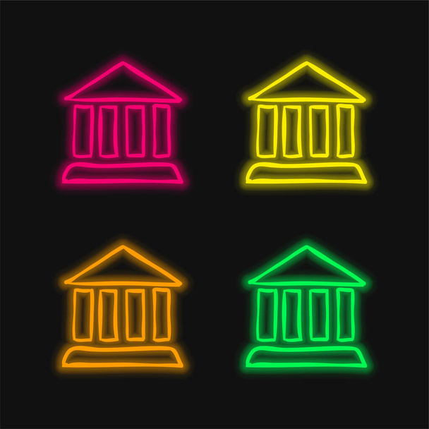 Antieke zuilen gebouw contouren vier kleuren gloeiende neon vector icoon - Vector, afbeelding