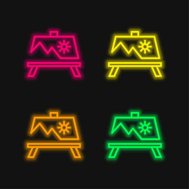 Artwork Painting On A Stand four color glowing neon vector icon - Vector, Image