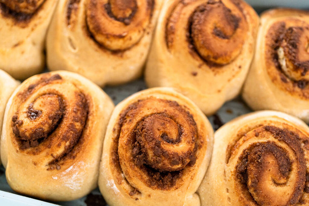 Freshly baked cinnamon rolls in a blue baking pan. - Photo, Image