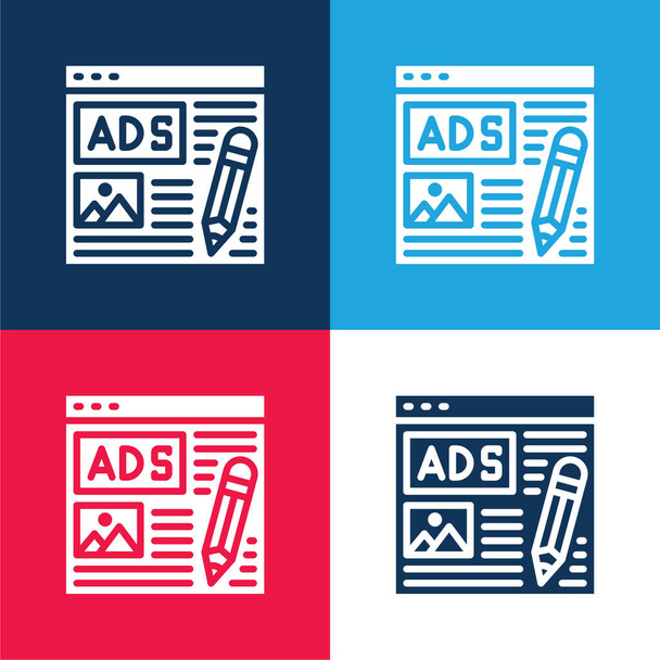 Διαφήμιση μπλε και κόκκινο τέσσερις χρώμα ελάχιστο σύνολο εικονιδίων - Διάνυσμα, εικόνα