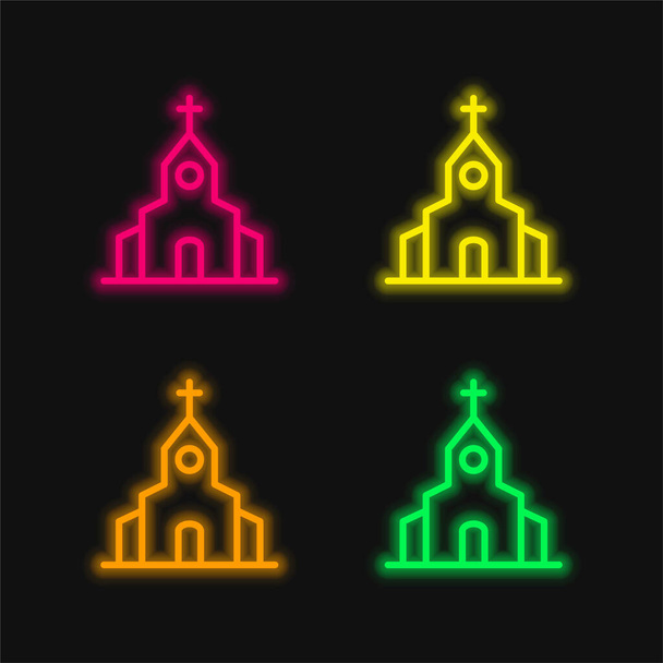 Große Kirche vier Farben leuchtenden Neon-Vektor-Symbol - Vektor, Bild