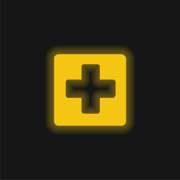 Knop toevoegen geel gloeiende neon pictogram - Vector, afbeelding