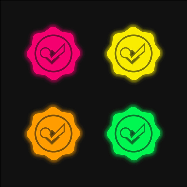 Badge With Check Mark four color glowing neon vector icon - Vector, Image