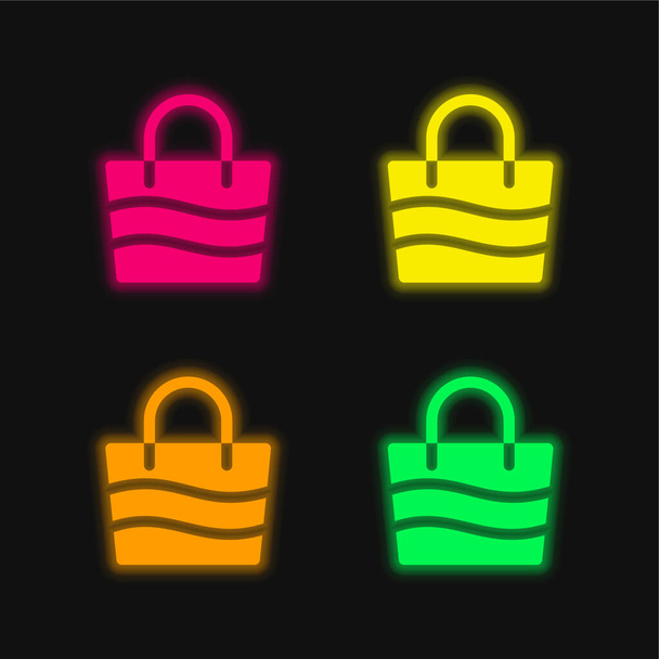 Saco de praia ícone de vetor de néon brilhante de quatro cores - Vetor, Imagem