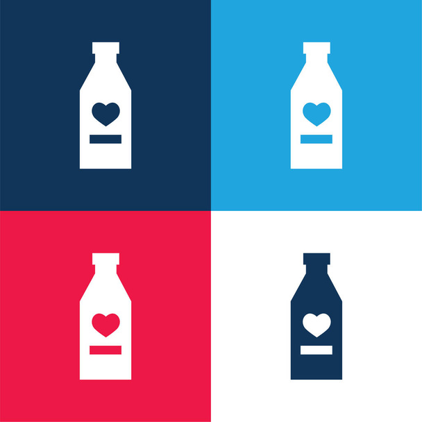 Μπουκάλι του κρασιού με καρδιά μπλε και κόκκινο τεσσάρων χρωμάτων ελάχιστο σύνολο εικονιδίων - Διάνυσμα, εικόνα