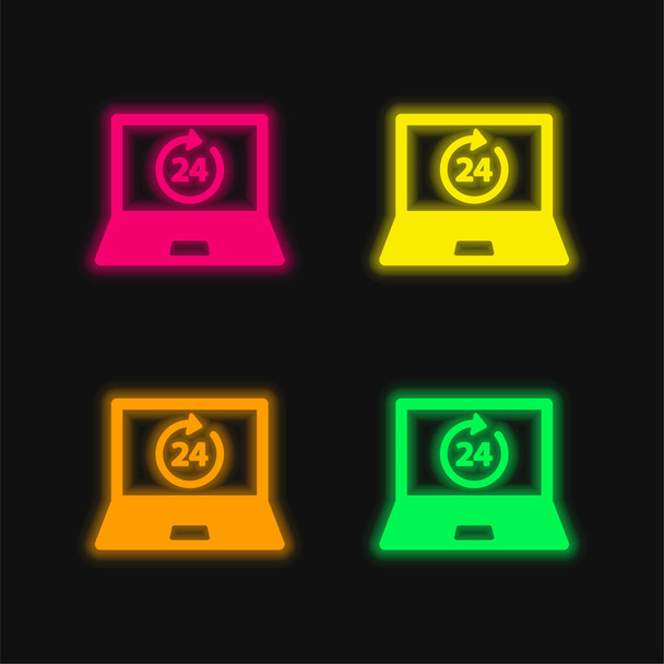 24 Hours On Laptop Screen four color glowing neon vector icon - Vector, Image