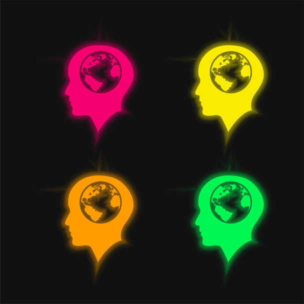 Bald Male Head With Earth Globe Inside four color glowing neon vector icon - Vector, Image