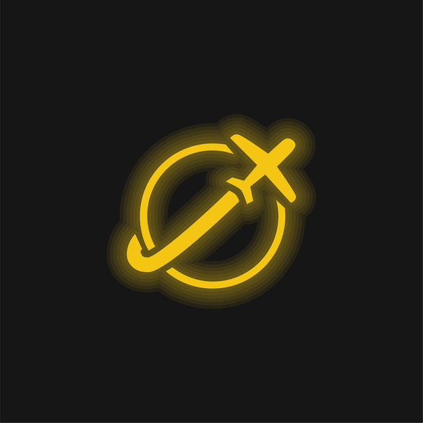 Желтый перчаточный неоновый значок самолета, вращающегося вокруг Земли - Вектор,изображение