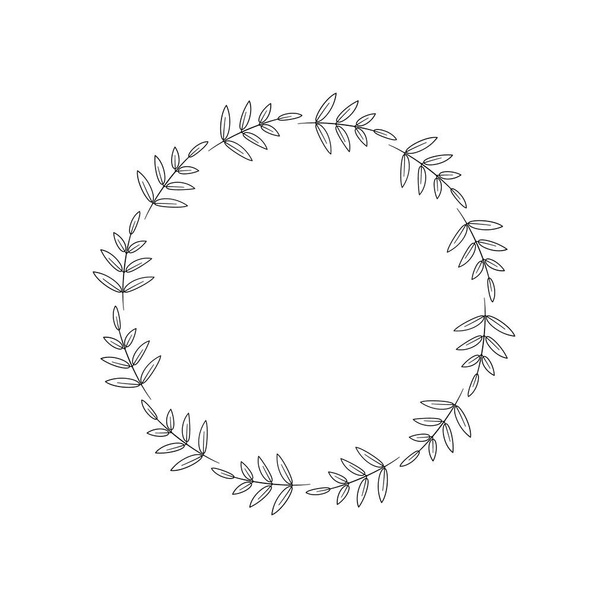 葉を持つ小枝で作られた丸枠。シンプルなフラワーボーダー。かわいいお祝いの花輪。ベクターイラスト、スティック、リーフ。白い背景に黒い絵を輪郭を描く。タグ、ロゴ、家の装飾、月桂樹 - ベクター画像