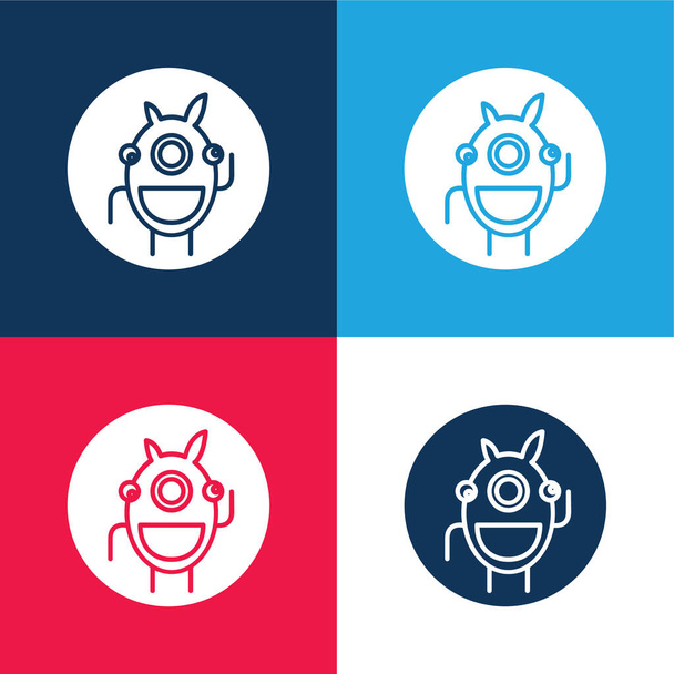 Alien Outline In A Circle blue and red four color minimal icon set - Vector, Image
