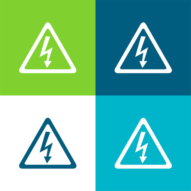 Señal de perno de flecha de riesgo de choque eléctrico en forma triangular plana de cuatro colores mínimo icono conjunto - Vector, Imagen