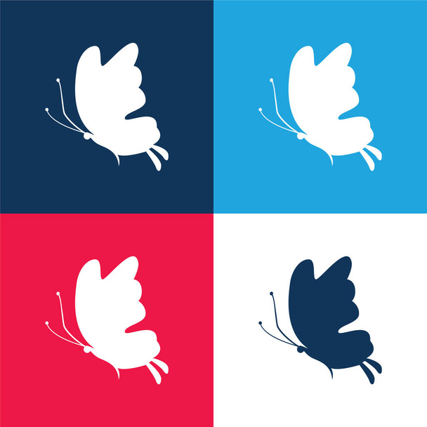 Gyönyörű pillangó sziluett kék és piros négy szín minimális ikon készlet - Vektor, kép