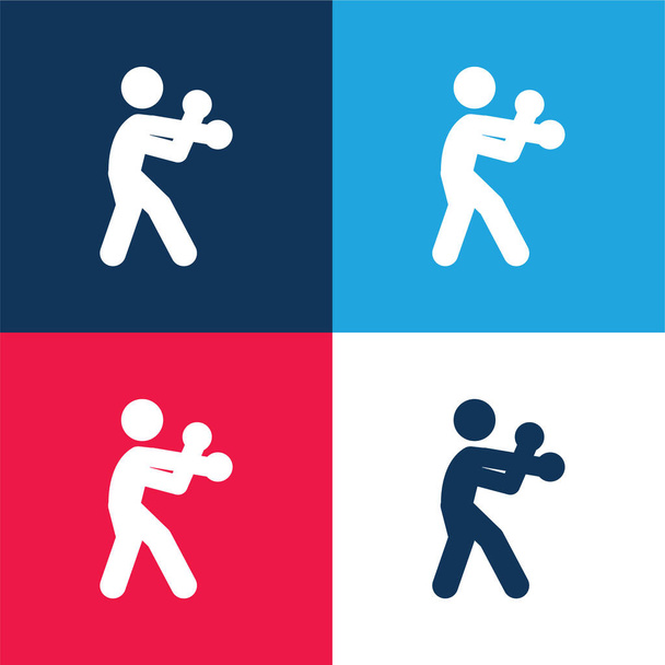 ボクシングシルエット青と赤の4色の最小アイコンセット - ベクター画像