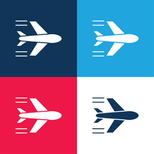 Αεροπλάνο Πετώντας μπλε και κόκκινο τεσσάρων χρωμάτων ελάχιστο σύνολο εικονιδίων - Διάνυσμα, εικόνα
