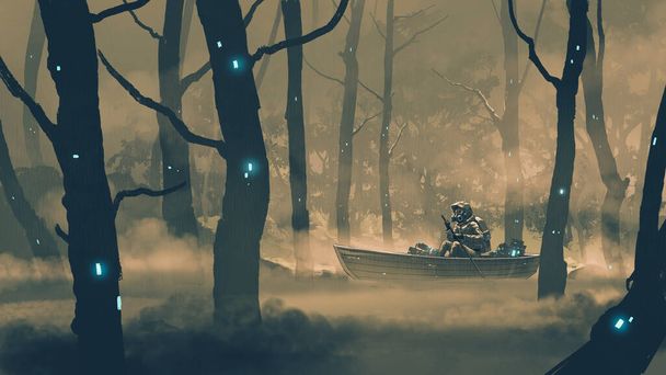 человек в защитном костюме гребля лодка в ядовитом болоте, стиль цифрового искусства, иллюстрации живописи - Фото, изображение