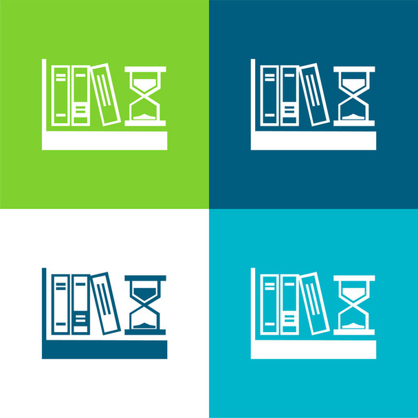 Книги и часы Плоский четырехцветный набор значков - Вектор,изображение