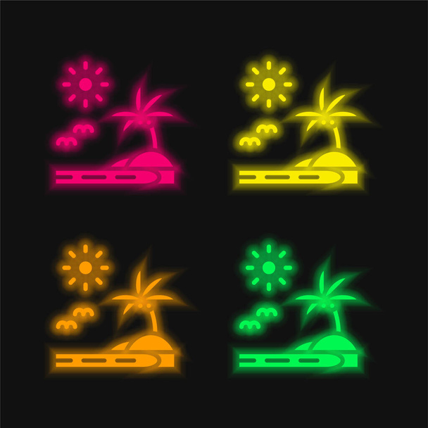 ビーチ4色輝くネオンベクトルアイコン - ベクター画像