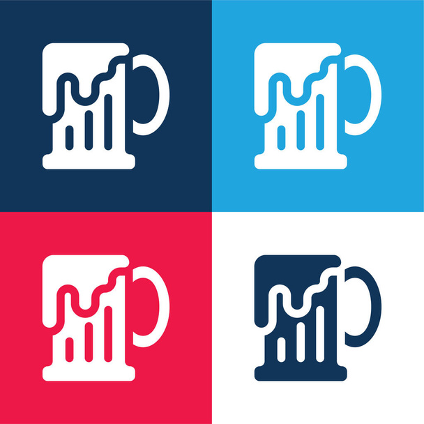 Taza de cerveza azul y rojo de cuatro colores mínimo icono conjunto - Vector, imagen