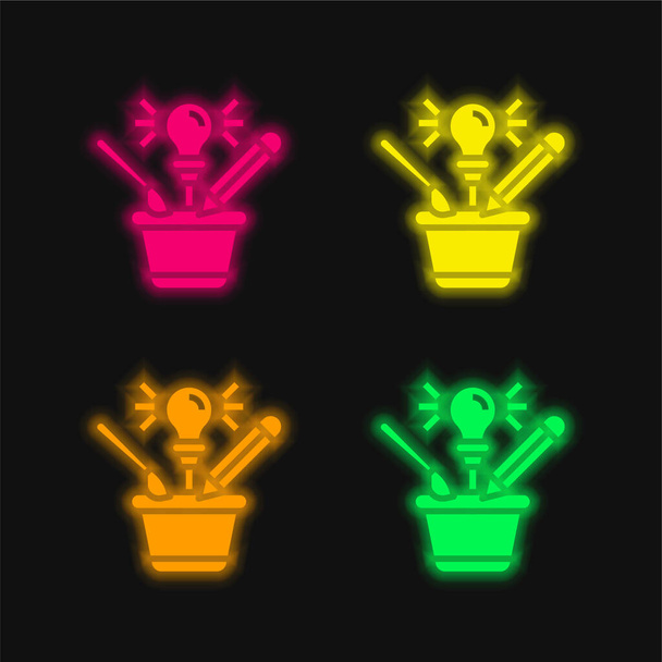 Beyin fırtınası dört renkli parlak neon vektör simgesi - Vektör, Görsel