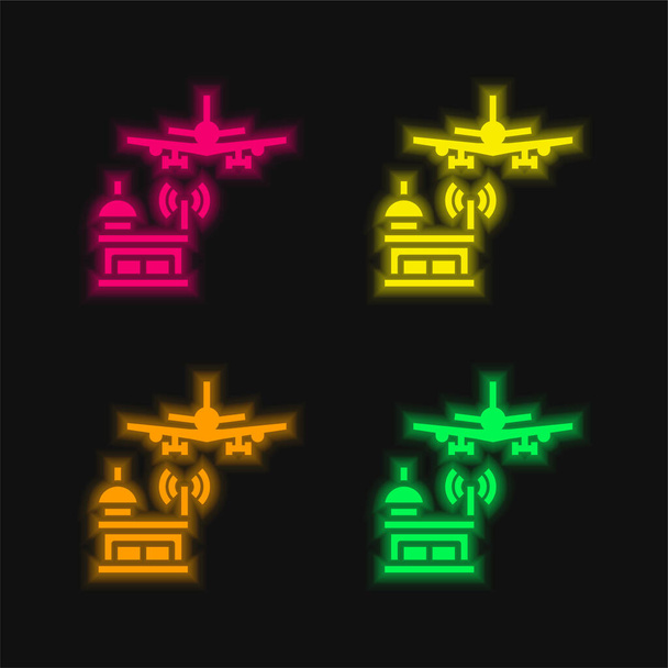 空港タワー4色輝くネオンベクトルアイコン - ベクター画像