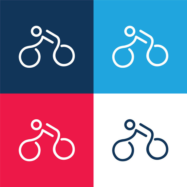 Rower zamontowany przez Stick Man niebieski i czerwony zestaw czterech kolorów minimalny zestaw ikon - Wektor, obraz