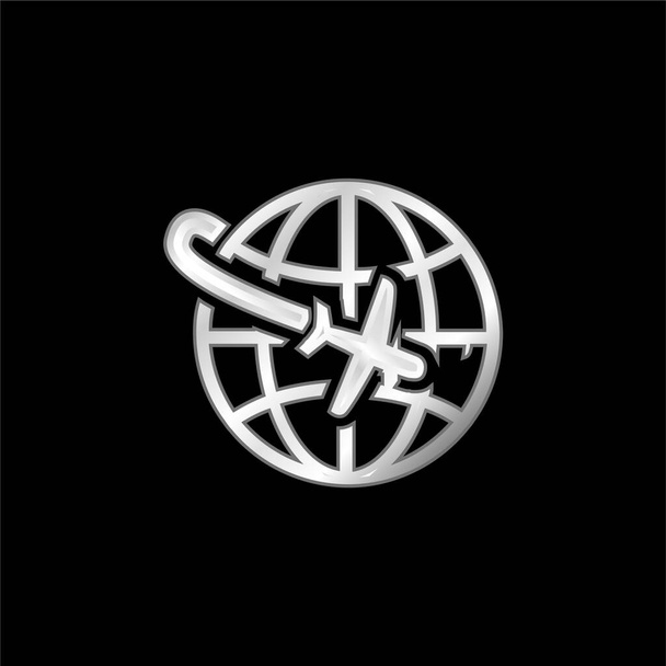 Полет самолета вокруг позолоченной металлической иконы планеты - Вектор,изображение