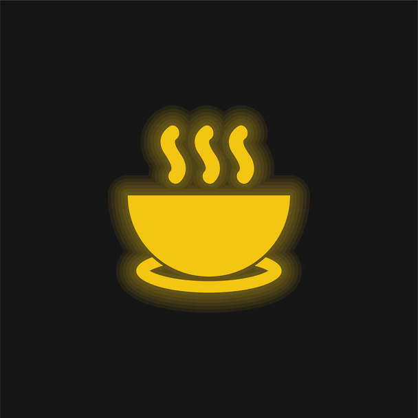 プレート上の熱いスープのボウル黄色の輝くネオンアイコン - ベクター画像