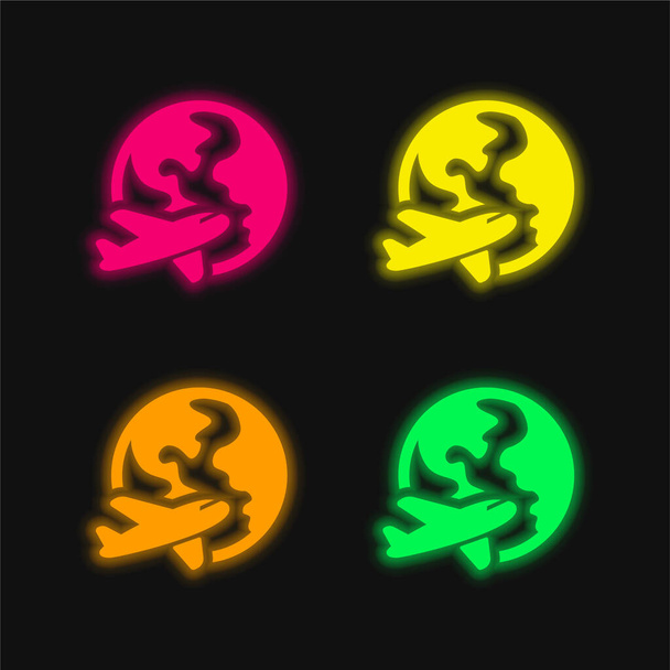 Dünya 'nın etrafındaki dört renkli parlayan neon vektör simgesi - Vektör, Görsel