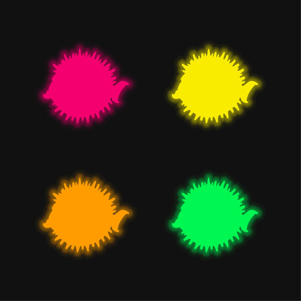 Balloonfish Side Shape four color glowing neon vector icon - Vector, Image