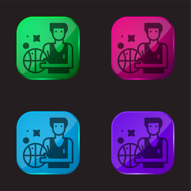 Pallacanestro quattro colori icona pulsante di vetro - Vettoriali, immagini